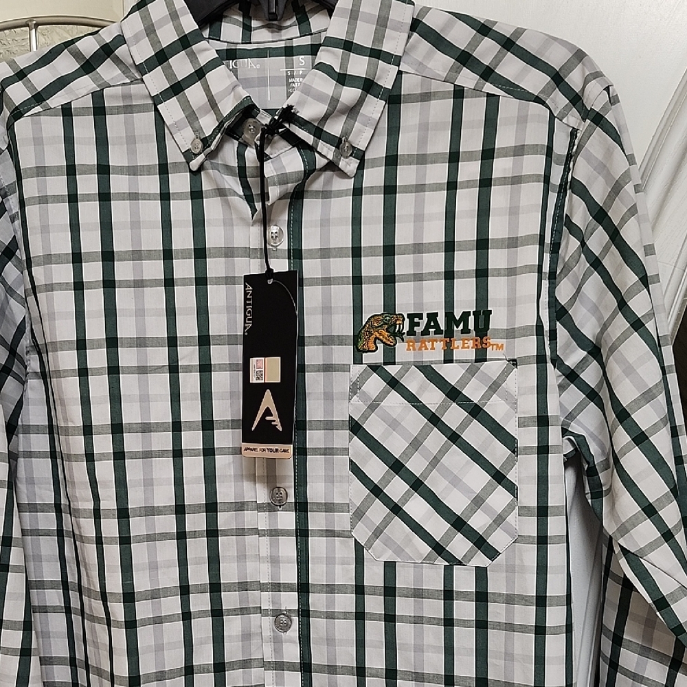 Antigua Green and White Checkered Casual FAMU RATTLERS Shirt